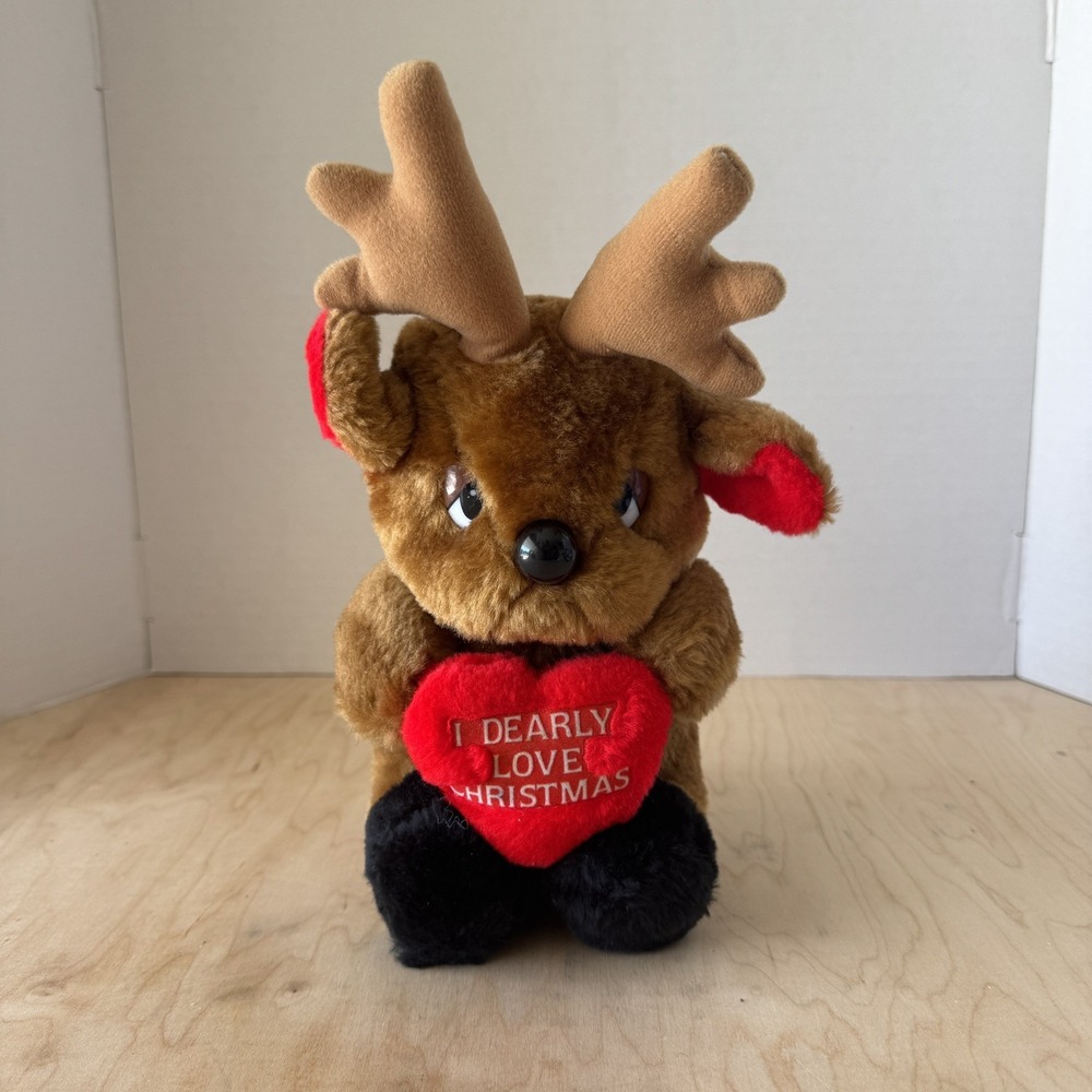 Vintage House Of Lloyd 10" Reindeer Plush I Dearly Love Christmas Deer Heart